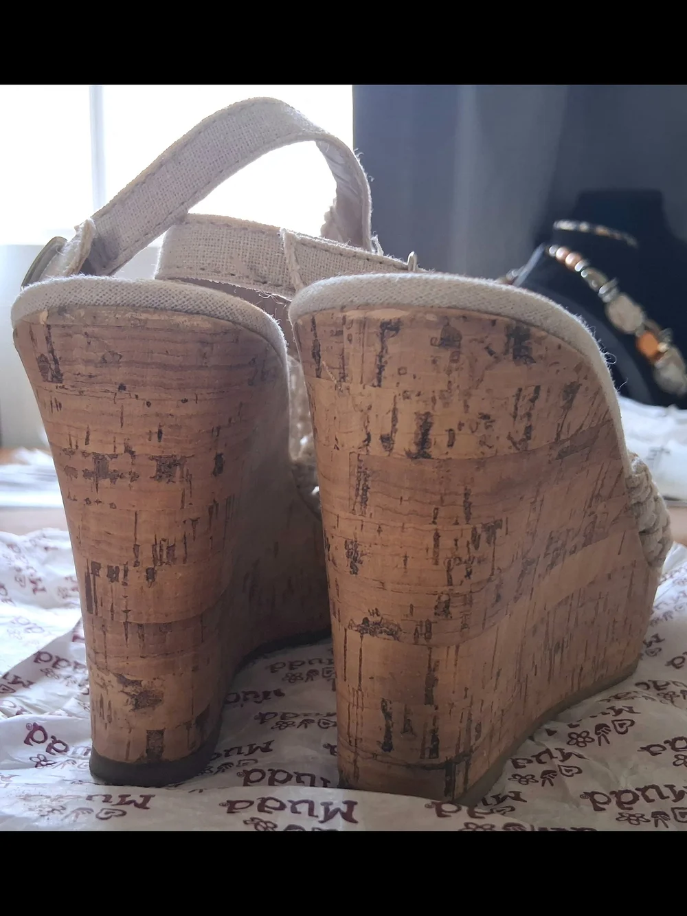 Mudd Beige Woven Slingback Cork Wedge Sandals